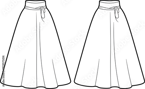 Art & IllustrationFlat fashion technical sketch of a women's long A-line wrap skirt featuring a high waist with tie-up belt detail, front and back view CAD.