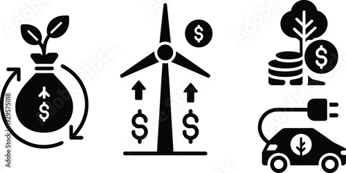Sustainable green investment and renewable energy flat icons set featuring ESG finance money growth wind power eco electric vehicle and carbon credit concept
