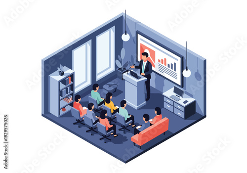 Isometric 3D vector illustration of startup founder presenting pitch to investors with presentation screen and charts representing entrepreneurship, funding and innovation business concept