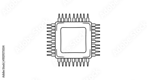 Detailed outline of a microchip or CPU processor with pins, representing technology and digital innovation, on an isolated white background.