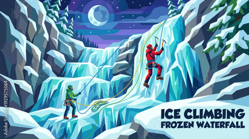 colorful ice climbing scene cartoon on a frozen waterfall representing extreme winter sport and adventure challenge