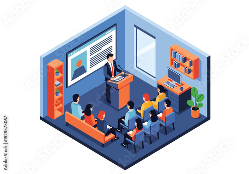 Isometric 3D vector illustration of startup founder presenting pitch to investors with presentation screen and charts representing entrepreneurship, funding and innovation business concept