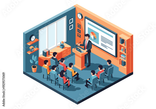 Isometric 3D vector illustration of startup founder presenting pitch to investors with presentation screen and charts representing entrepreneurship, funding and innovation business concept