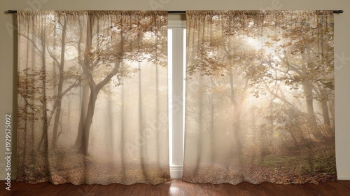 Window coverings display a thick, atmospheric forest scene bathed in morning light.