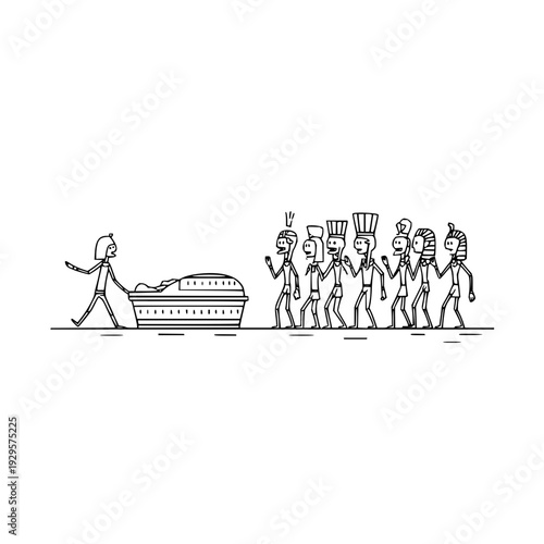 Man Pushing Coffin Followed by Mourners in Funeral Procession