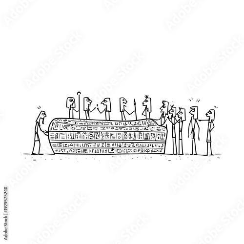 People Discussing Large Stone Sarcophagus in Museum