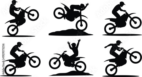 Motocross freestyle stunt silhouettes collection, dirt bike riders performing tricks and jumps, extreme motorsport isolated on white background