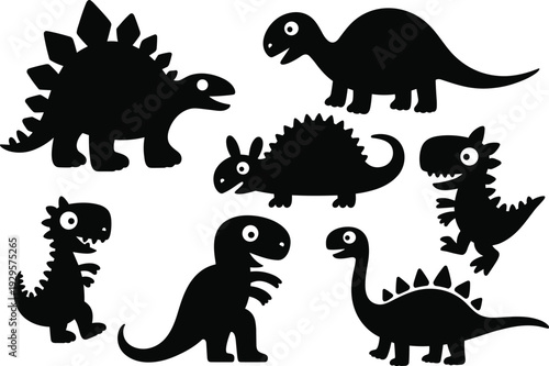Whimsical cartoon dinosaur silhouettes featuring playful prehistoric creatures with spikes, tails, and exaggerated shapes, designed for children’s educational projects, decorative artwork