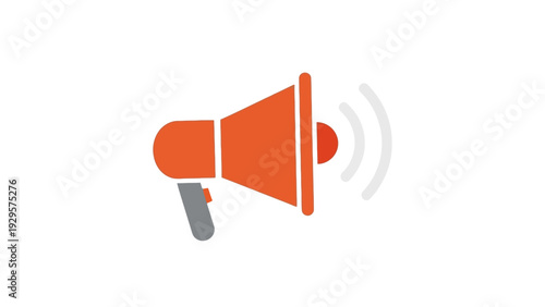 Orange and grey megaphone with sound waves icon, isolated white background.