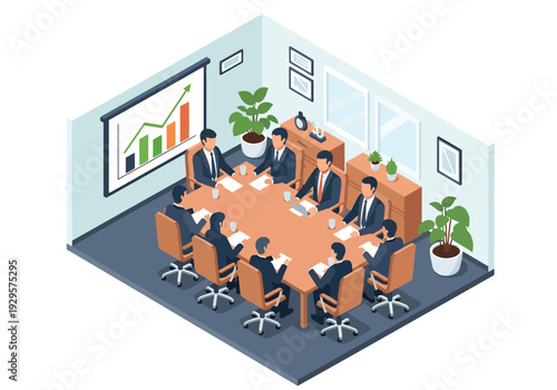 Isometric 3D vector illustration of corporate executives in boardroom meeting discussing charts and strategy representing leadership, planning and business decision making