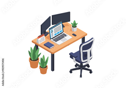 Isometric 3D vector illustration of remote work home office with laptop and calendar showing modern freelance, productivity and digital business lifestyle concept