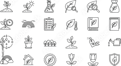 Eco environment outline icon set with sustainability nature protection and green energy symbols