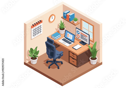 Isometric 3D vector illustration of remote work home office with laptop and calendar showing modern freelance, productivity and digital business lifestyle concept