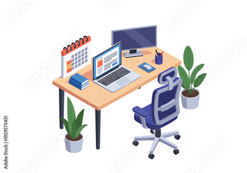 Isometric 3D vector illustration of remote work home office with laptop and calendar showing modern freelance, productivity and digital business lifestyle concept