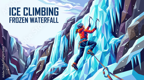 colorful ice climbing scene cartoon on a frozen waterfall representing extreme winter sport and adventure challenge