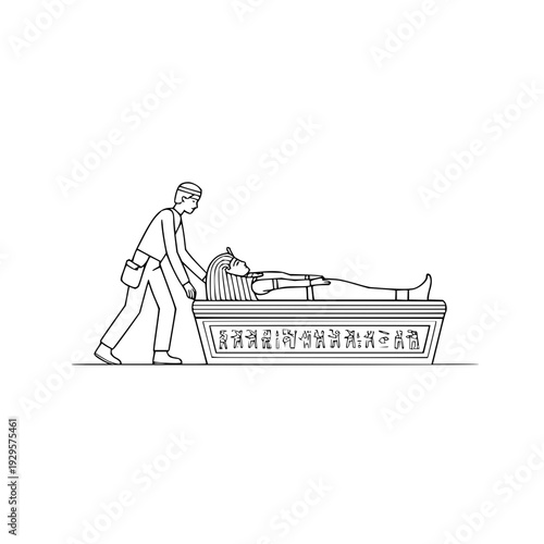 Mummy Wrapped Man Lying in Sarcophagus with Priest in Ancient Egypt