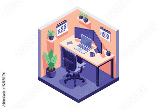 Isometric 3D vector illustration of remote work home office with laptop and calendar showing modern freelance, productivity and digital business lifestyle concept