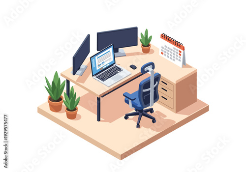 Isometric 3D vector illustration of remote work home office with laptop and calendar showing modern freelance, productivity and digital business lifestyle concept