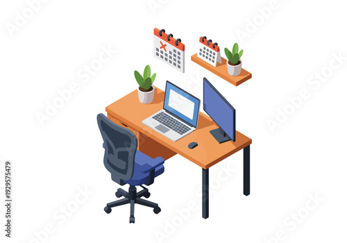 Isometric 3D vector illustration of remote work home office with laptop and calendar showing modern freelance, productivity and digital business lifestyle concept