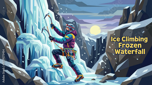 colorful ice climbing scene cartoon on a frozen waterfall representing extreme winter sport and adventure challenge