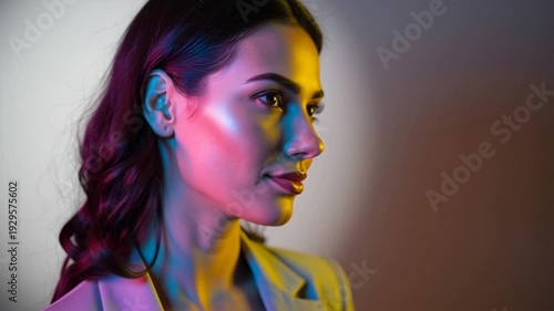 A young woman with brown hair and colorful lighting on her face looks directly at the camera.