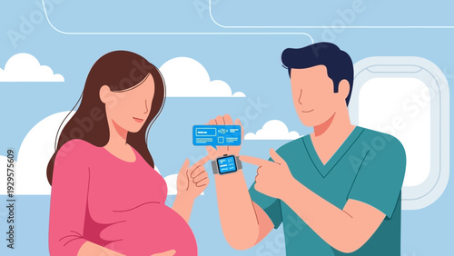 Expectant couple holding up pregnancy test strips in front of a cloudy sky
