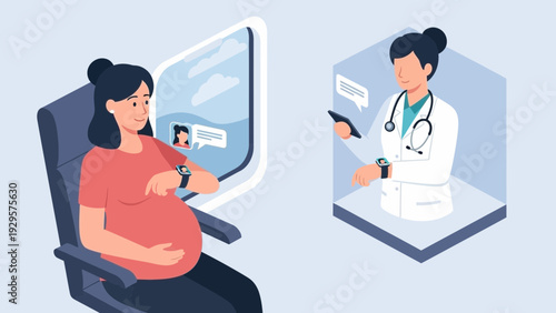 Pregnant woman consulting doctor remotely on tablet while seated on airplane during flight