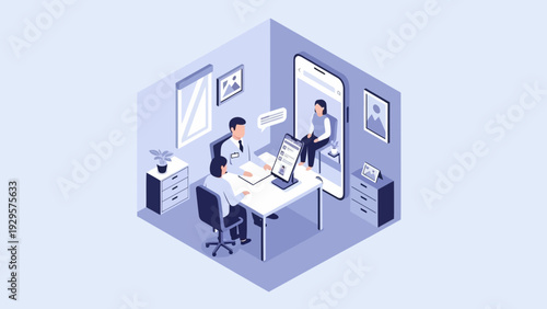 Isometric illustration of a modern office scene with professionals collaborating, using technology in a minimalist environment from an aerial viewpoint