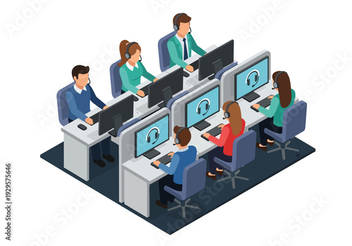 Isometric 3D vector illustration of customer service call center with agents wearing headsets representing support operations, communication and service business concept