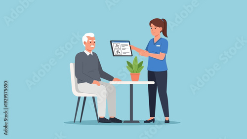 A young woman explaining digital tablet content to an elderly man seated at a table in a serene indoor setting