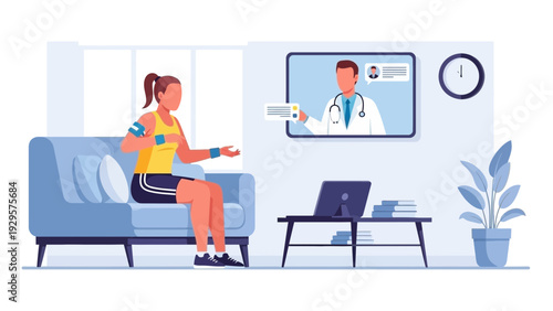 Woman consulting doctor remotely on laptop in living room with modern furniture and decor