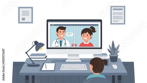Woman participating in online consultation with doctor and patient on computer screen