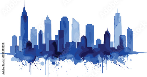 Modern blue watercolor city skyline vector illustration with abstract paint splatters and tall skyscrapers for urban architecture backgrounds business posters and metropolitan travel designs