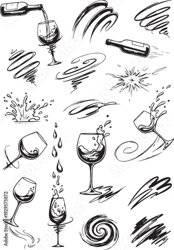 exploding champagne bottle and glasses with splash drinks. grunge alcohol engraving vector sets.