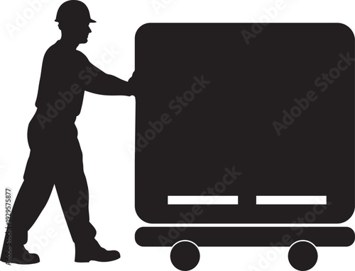 Worker Silhouette Pushing Cart with Cargo | Logistics and Delivery Icon | Stock Illustration