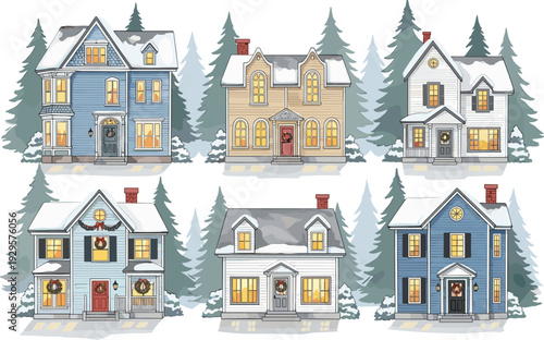 Set of cozy winter house illustrations with snow on roofs and glowing windows nestled in pine forest for Christmas holiday village landscape design projects