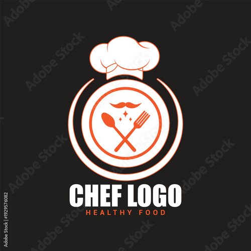 Professional Chef Logo on Black Background with Crossed Spoon and Fork