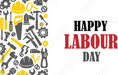 Happy labour day greeting with tools and icons on colorful background