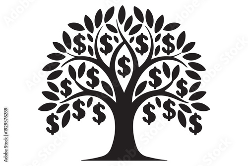 Money tree black icon with abundant dollar currency on branches for financial growth wealth investment success prosperity