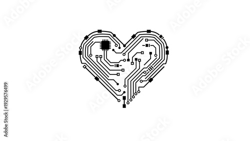 Circuit Board Heart Shape Love Icon for Digital Technology Emotion Concept on Isolated White Background