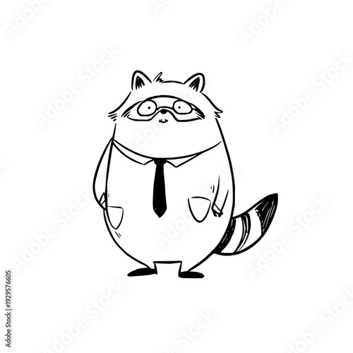 Raccoon Wearing Tie and Glasses Standing on White Background