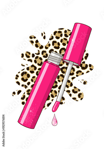A bright pink lip gloss tube. A small drop of gloss is visible near the tip of the applicator. A partial background of abstract leopard print splashes. A playful pop art vector.