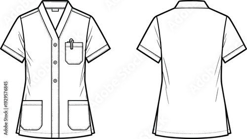 Women Medical Scrub Top Technical CAD Drawing, Front and Back View Flat Vector Illustration Template