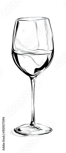 Line art illustration of a wine glass filled with liquid, sketched in monochrome