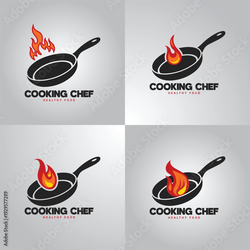 Flying Fire Pan Cooking Chef Logo Vector
