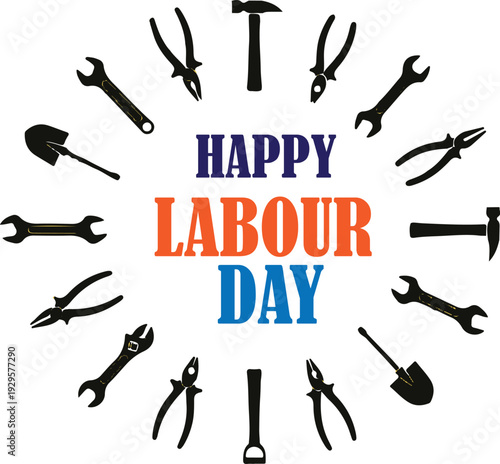 Happy labour day with tools arranged in a circle