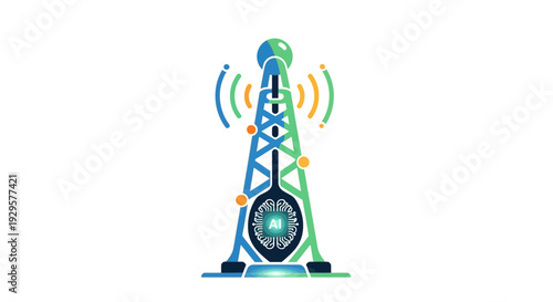 AI Powered Communication Tower with Signal Waves and Chip Symbol on Isolated White Background