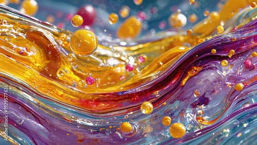 Dynamic abstract splash of liquid gold and purple fluid with bubbles