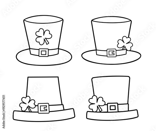 St. Patrick's Day Leprechaun Hat and Shamrock Outline Set.
Leprechaun Hat and Clover Coloring Pages Template.
Saint Patrick's Day Hat and Shamrock Line Art Collection. SVG.