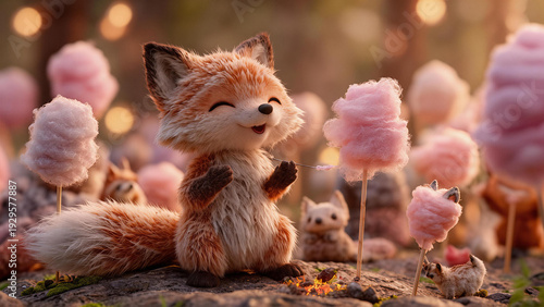 Happy 3D fox character with pink cotton candy trees in field